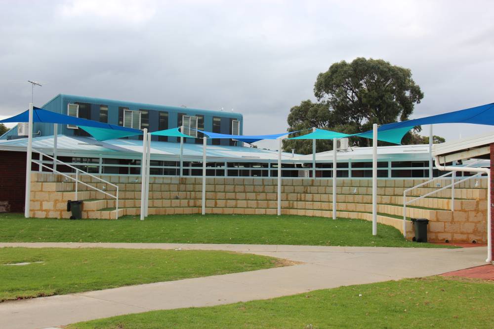 Commercial outdoor living Perth — shade sails at Safety Bay Senior High School