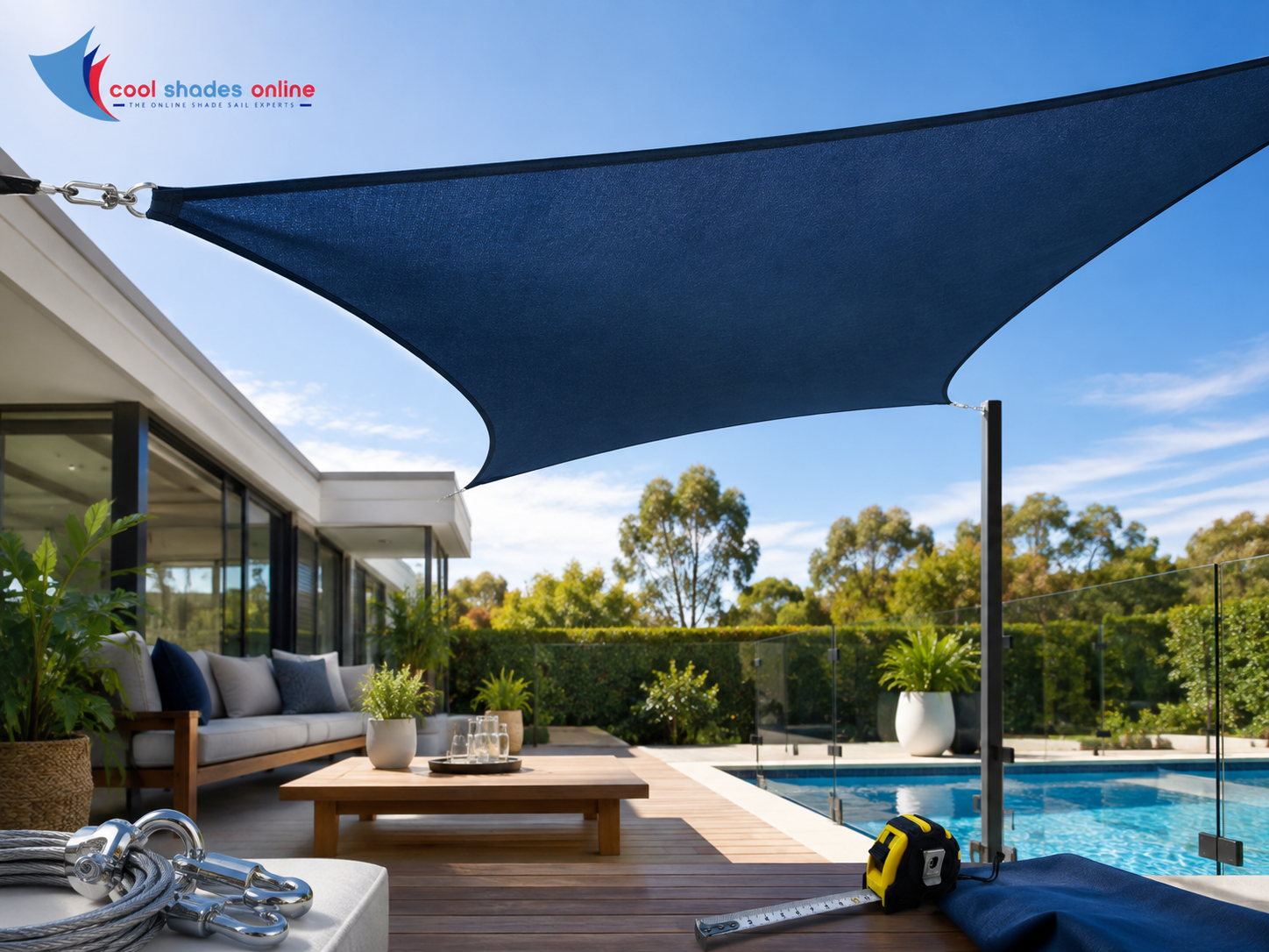 DIY shade sail installation with shade sail, posts and fittings available through Cool Shade Online